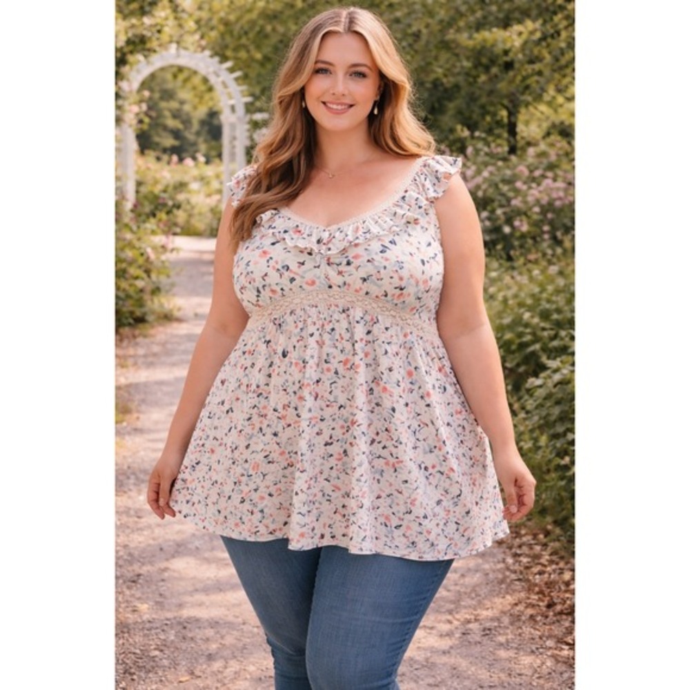 Abstract Print Y2K Ruffle Lace Trim Babydoll Empire Waist Top Pink‎ 2